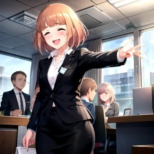<lora:YuzuKitami-09:0.7>, yuzuimas, blush, smile, open mouth, multiple girls, skirt, blonde hair, shirt, jacket, white shirt, one eye closed, multiple boys, solo focus, indoors, black skirt, sparkle, formal, ;d, suit, outstretched arms, faceless, pencil skirt, faceless male, paper, office lady, id card, skirt suit, office, papers