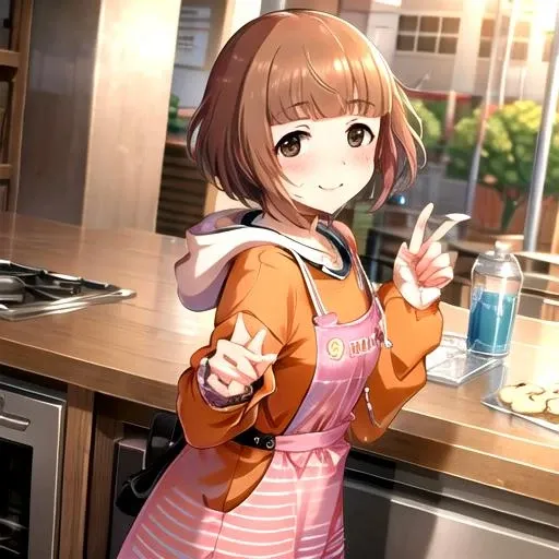 <lora:YuzuKitami-09:0.8>, yuzuimas, looking at viewer, blush, smile, long sleeves, hood, apron, sleeves past wrists, plaid, hoodie,cookie, badge, button badge, blue apron, orange hoodie