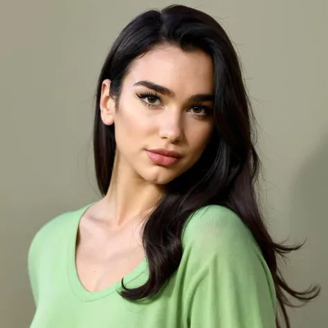 masterpiece, best quality, young woman ohwxDL, in green shirt, brown eyes, portrait, long black hair, looking at viewer, simple background <lora:Dua Lipa:1>