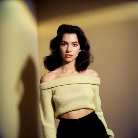 pinhole photography photo of a beautiful young ohwxDL woman, wide-eyed, off-the-shoulder sweater with high-waisted corduroy pants, head shot, under bounced lighting, dutch angle, shot on a Velvia 100 <lora:Dua Lipa:1>
