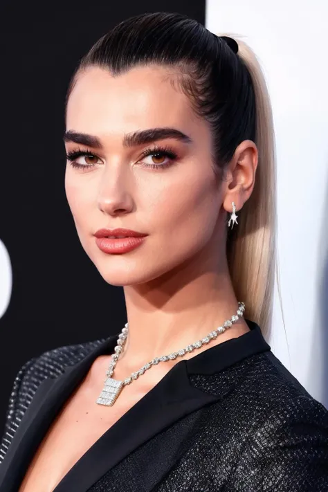 RAW upper body photo of beautiful woman ohwxDL, ultra detailed 8k, business suit, ponytail hair, glossy lips, necklace, (realistic), (photorealistic:) <lora:Dua Lipa:0.9>