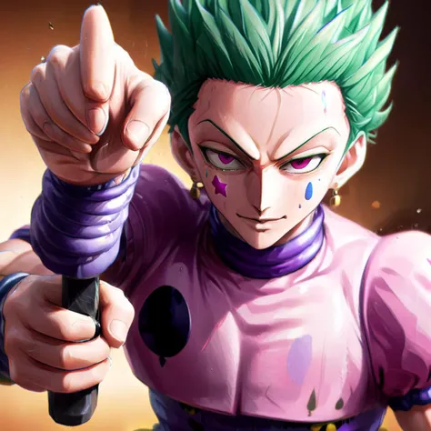 Action shot of a Hisoka_Morow with pointing ACG at the viewer, HD, masterpiece, best quality, hyper detailed, ultra detailed, <lora:XL_Weapon_pistol:0.9>, <lora:Hisoka_Morow:0.8>