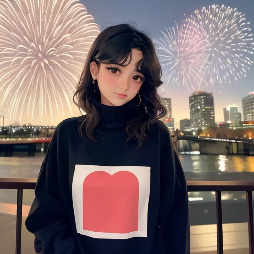 <lora:marissardell_sd15_512_128_64_v1:1>marissardell,1girl,looking at viewer, new years eve party fireworks in background, wearing a turtleneck sweater