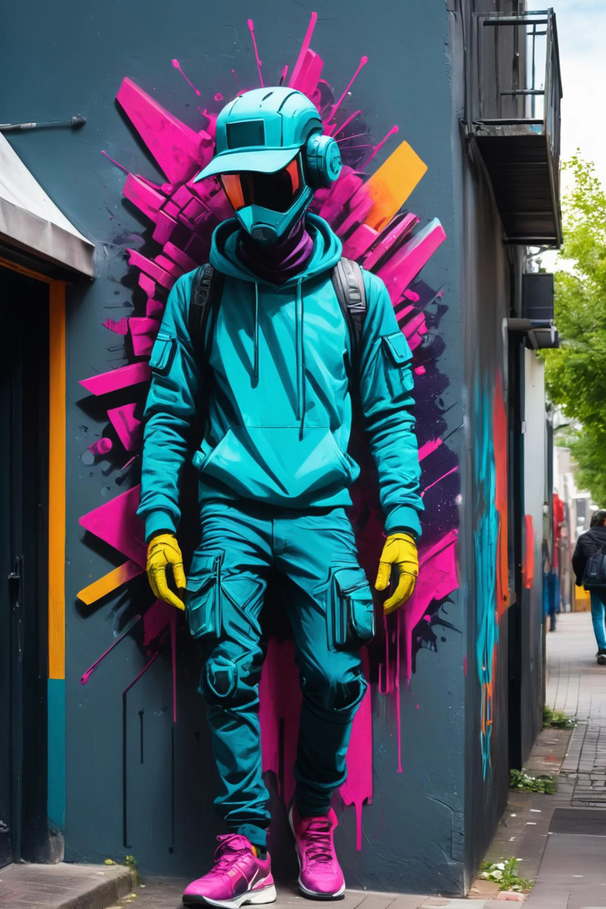 RAW photo of a Tech-artisan crafting intricate cyber-sculptures (Walking confidently, purposeful stride) at a Augmented reality street art on urban walls, <lora:xl_more_art-full_v1:0.5>, <lora:sdxl_cyberpunk:0.6> cyberpunk style, <lora:gorgoeus_splash_of_vibrant_paint:0.7> Gorgeous splash of vibrant paint