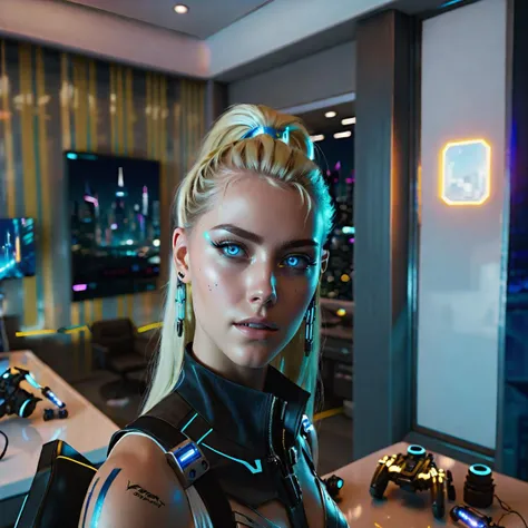 A woman with blonde hair and blue eyes with the background of night city from cyberpunk 2077 behind her, cyberware implants in her face and blue eyeshadow, featuring bright lights, skyscrapers, flying cars, and beautiful lighting. (cinematic, beautiful, masterpiece) <lora:sdxl_cyberpunk:1> <lora:add_detail:1> <lora:Harrologos_V1.0:1>
