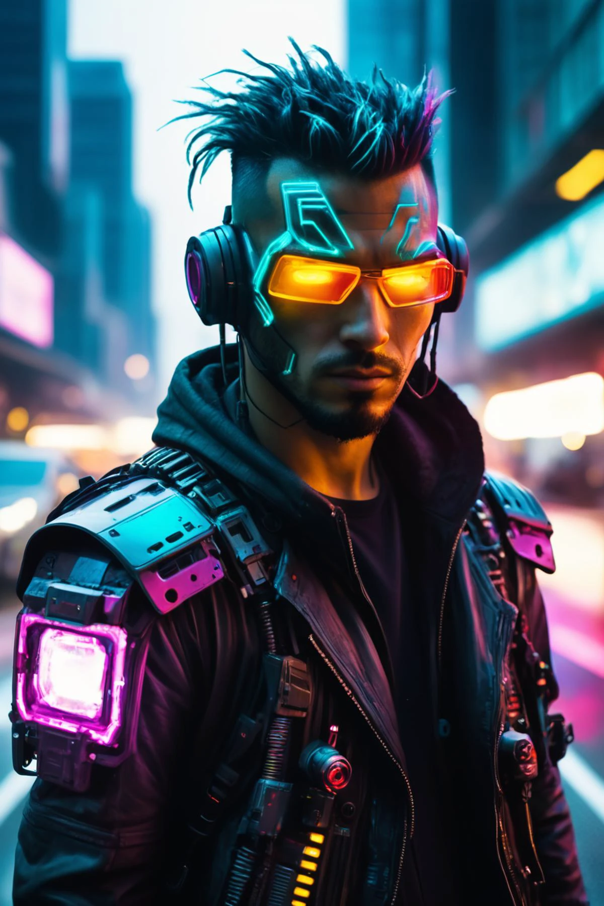 RAW photo of a Cyberpunk nomad with modular tech-attachments (Tilting head, appearing curious) at a Hovering cars speeding on illuminated highways, <lora:xl_more_art-full_v1:0.5>, <lora:sdxl_cyberpunk:0.6> cyberpunk style, <lora:gorgoeus_splash_of_vibrant_paint:0.7> Gorgeous splash of vibrant paint