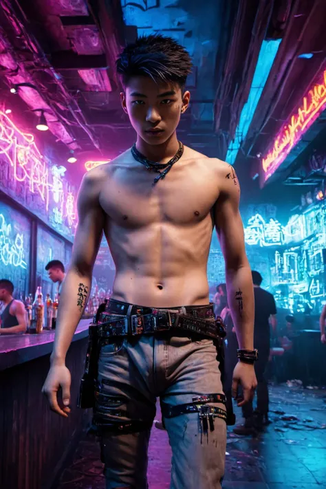 photorealistic,  8k,  ultrahigh resolution,  best quality,  masterpiece,  highest detailed,  prefect composition,  male focus,  1boy,  young Asian twink,  naked, (nude:1.2),  ultra detailed face,  detailed eyebrows,  detailed eyes,  flat chest,  small ass,  ultra detailed body,  narrow shoulders,  narrow waist,  narrow hips,  BDSM harness,  shoulder belts,  hip belts,  high black boots,  (blacklight makeup:1.2),  walking ,  dynamic posture,  crowded bar,  smoke in the air,  indoor,  neon lighting,  neon signs,  light traces,  full body from back, (ultra wide angle:2.0),  cyberpunk style,  cyberpunk,  extremely detailed,  from behind,  cyberpukai,  Cinematic Shot,  <lora:detailedeyebrows_v1:0.6>, <lora:sdxl_cyberpunk:0.5>, <lora:Cyber_Background_sdxl:0.5>, <lora:blacklight_makeup_v2:0.6>, <lora:extremely_detailed:0.6>, <lora:CyberPunkAIp:0.3>, <lora:JuggerCineXL2:0.7>