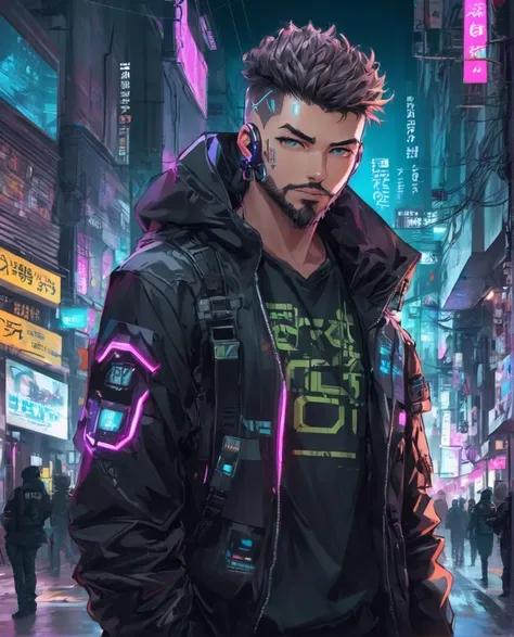 1boy, beard, cable, cyberpunk, cyberpunk style, cyborg, facial hair, hood, jacket, looking at viewer, male focus, neon lights, open clothes, anime, science fiction, solo, fullbody
<lora:sdxl_cyberpunk:0.65>