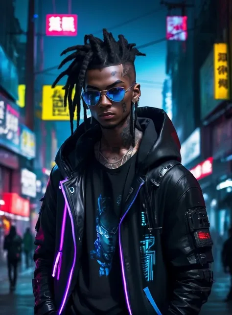 1boy, black hair, black jacket, blurry, blurry background, city, cyberpunk, cyberpunk style, dark-skinned male, dark skin, dreadlocks, hands in pockets, hood, hood down, hoodie, jacket, male focus, mohawk, neon lights, night, open clothes, open jacket, solo focus, sunglasses, tattoo
<lora:sdxl_cyberpunk:0.65>