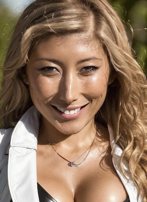 a haselblad bokeh ((photograph)) of smiling sks woman in short white top and short black leather jacket, (((cleavage))), ((high detail face)), ((perfect eyes)), high waist sweatpants, intricate, elegant, highly detailed, smooth, sharp focus, hegre, metart, 8 k , perfect hands, intricate background, <lora:locon_dichen_v1_from_v1_64_32:1.4>