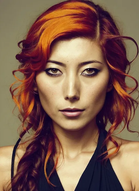 portrait of sks woman by Flora Borsi, style by Flora Borsi, bold, bright colours, orange Mohawk haircut, ((Flora Borsi)), <lora:locon_dichen_v1_from_v1_64_32:1.4>