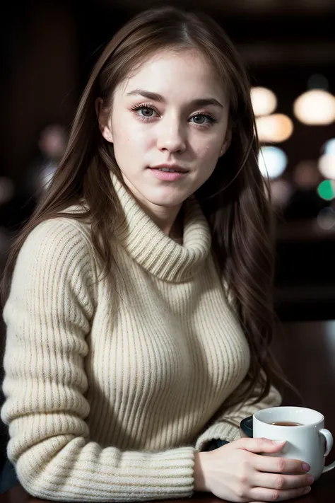 tv_Alena_MXAI, ,  , wearing a cozy sweater, sitting in a cafe, holding a cup of steaming tea, flirty expression,, 8k resolution, highres, high detail, sharp focus, detailed skin,  8k uhd, bokeh, analog photography, PA7_Human-Likeness