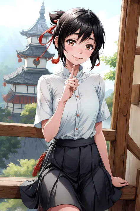 (masterpiece, best quality, extremely delicate), <lora:LoRA_Miyamizu:0.8> miyamizu mitsuha, black hair, brown eyes, short hair, ribbon, hair ribbon, red ribbon, skirt,  <lora:fingersmile_v1.6:0.8> fingersmile, finger to mouth,
<lora:add_detail:1>,