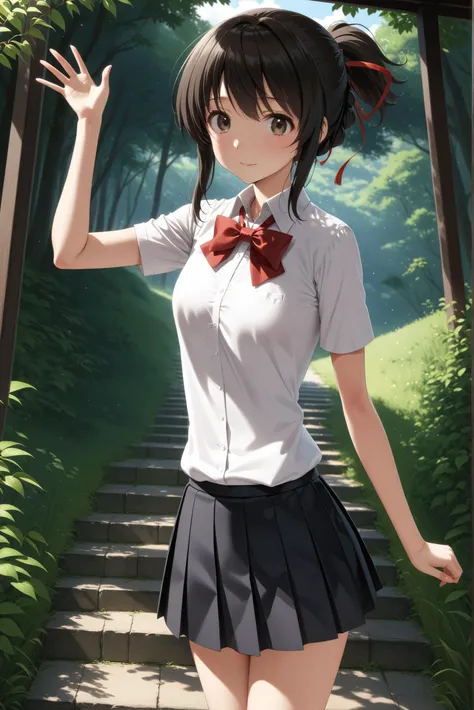 masterpiece, best quality, very aesthetic, ultra detailed, intricate details, 4k, anime style,
mitsuhaai, 1girl, solo,black hair, brown eyes, short hair, ribbon, hair ribbon, red ribbon, 
skirt, shirt, bow, school uniform, white shirt, ponytail, short sleeves, sidelocks, pleated skirt, collared shirt, bowtie, red bow, red bowtie, kimi no na wa., miyamizu mitsuha, 
standing, cowboy shot, waving, waving arms, arms up, looking at viewer, forest, outdoors, tree, sunlight, cloudy, <lora:Mitsuha_XL:1>