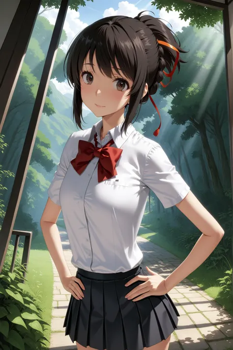 masterpiece, best quality, very aesthetic, ultra detailed, intricate details, 4k, anime style,
mitsuhaai, 1girl, solo,black hair, brown eyes, short hair, ribbon, hair ribbon, red ribbon, 
skirt, shirt, bow, school uniform, white shirt, ponytail, short sleeves, sidelocks, pleated skirt, collared shirt, bowtie, red bow, red bowtie, kimi no na wa., miyamizu mitsuha, 
standing, cowboy shot, hands on own hips, looking at viewer, forest, outdoors, tree, sunlight, cloudy, <lora:Mitsuha_XL:1>