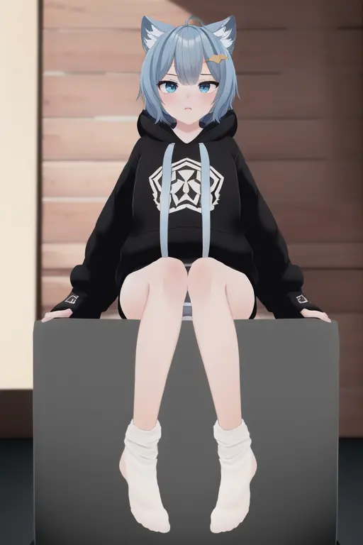 1 girl, rusk, vrchat, black hoodie, flat chest, bedroom background, blue hair, short hair, blue eyes, cat girl, 2d, 2D, masterpiece, ((raytracing)), trending on artstation, intricate details, detailed, intricate, without pants, , small height, (night), (camel toe), ((sitting on bed)), spread legs, ((white panties)), black stockings, (high detailed shadows), striped panties, ((panties is visible))