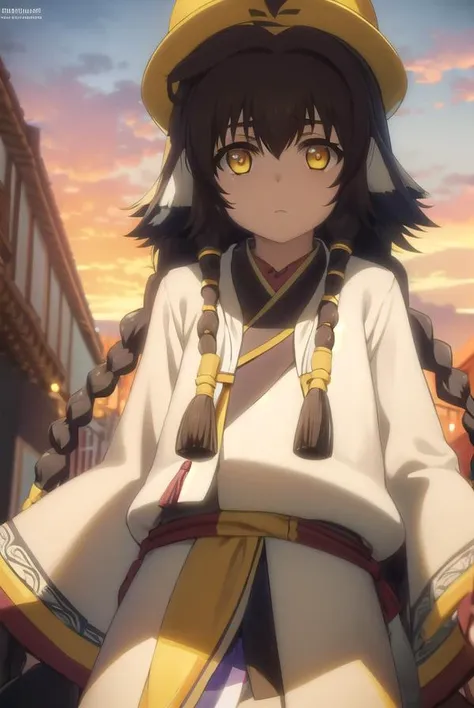 utawarerumonoanju, <lora:utawarerumono anju s2-lora-nochekaiser:1>,
anju, long hair, brown hair, black hair, animal ears, hair between eyes, (yellow eyes:1.5), braid, twin braids,
BREAK hat, robe, long sleeves,
BREAK outdoors,
BREAK looking at viewer, (cowboy shot:1.5),
BREAK <lyco:GoodHands-beta2:1>, (masterpiece:1.2), best quality, high resolution, unity 8k wallpaper, (illustration:0.8), (beautiful detailed eyes:1.6), extremely detailed face, perfect lighting, extremely detailed CG, (perfect hands, perfect anatomy),
