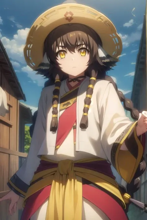 utawarerumonoanju, <lora:utawarerumono anju s2-lora-nochekaiser:1>,
anju, long hair, brown hair, black hair, animal ears, hair between eyes, (yellow eyes:1.5), braid, twin braids,
BREAK hat, robe, long sleeves,
BREAK outdoors,
BREAK looking at viewer, (cowboy shot:1.5),
BREAK <lyco:GoodHands-beta2:1>, (masterpiece:1.2), best quality, high resolution, unity 8k wallpaper, (illustration:0.8), (beautiful detailed eyes:1.6), extremely detailed face, perfect lighting, extremely detailed CG, (perfect hands, perfect anatomy),