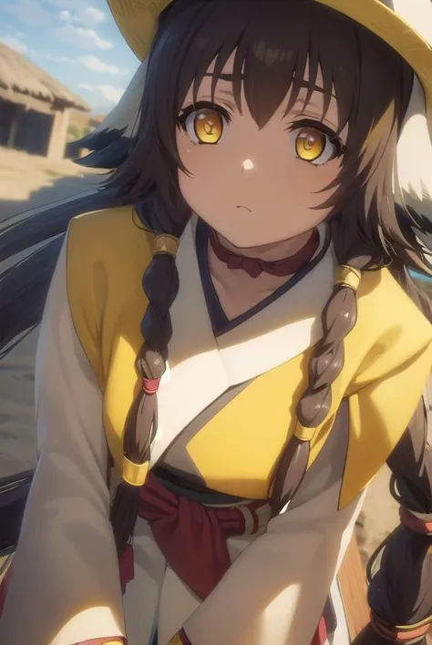 utawarerumonoanju, <lora:utawarerumono anju s2-lora-nochekaiser:1>,
anju, long hair, brown hair, black hair, animal ears, hair between eyes, (yellow eyes:1.5), braid, twin braids,
BREAK hat, robe, long sleeves,
BREAK outdoors,
BREAK looking at viewer, (cowboy shot:1.5),
BREAK <lyco:GoodHands-beta2:1>, (masterpiece:1.2), best quality, high resolution, unity 8k wallpaper, (illustration:0.8), (beautiful detailed eyes:1.6), extremely detailed face, perfect lighting, extremely detailed CG, (perfect hands, perfect anatomy),