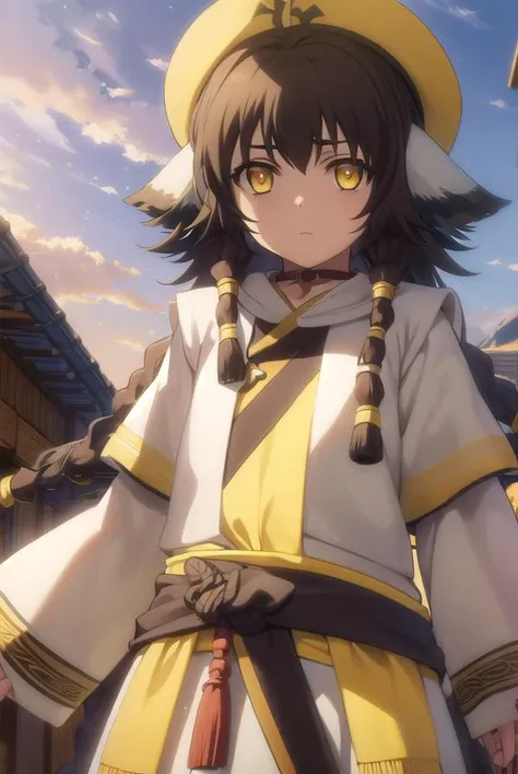 utawarerumonoanju, <lora:utawarerumono anju s2-lora-nochekaiser:1>,
anju, long hair, brown hair, black hair, animal ears, hair between eyes, (yellow eyes:1.5), braid, twin braids,
BREAK hat, robe, long sleeves, 
BREAK outdoors,
BREAK looking at viewer, (cowboy shot:1.5),
BREAK <lyco:GoodHands-beta2:1>, (masterpiece:1.2), best quality, high resolution, unity 8k wallpaper, (illustration:0.8), (beautiful detailed eyes:1.6), extremely detailed face, perfect lighting, extremely detailed CG, (perfect hands, perfect anatomy),
