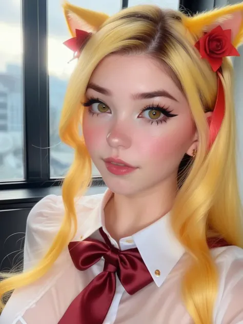 1girl, solo, masterpiece, a beautiful woman, 20-year-old woman, intricate details, realistic, blurry background, focus,
lighting, cinematic,
closeup, detailed eyes,
shiny hair, shiny, shiny skin, shiny clothes,
yellow hair, cat ears, yellow eyes,
black skirt, white shirt, red tie,
tattoos, freckles, butterflies, roses
<lora:DI_belle_delphine_sdxl_v1:1> Belle Delphine