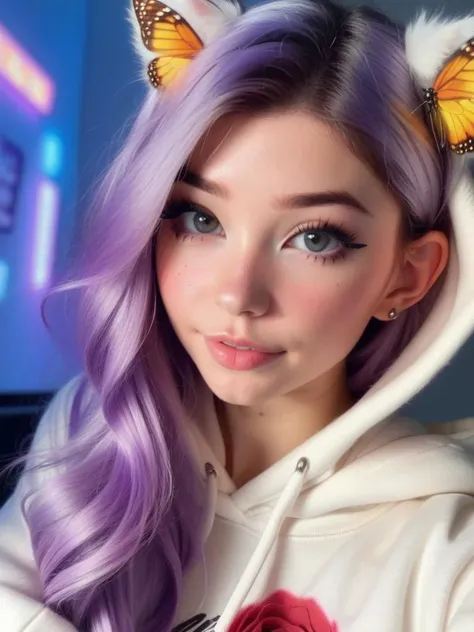 1girl, solo, masterpiece, a beautiful woman, 20-year-old woman, intricate details, realistic, blurry background, focus,
lighting, cinematic,
closeup, detailed eyes,
shiny hair, shiny, shiny skin, shiny clothes,
purple hair, cat ears, purple eyes,
hoodie,
tattoos, freckles, butterflies, roses
<lora:DI_belle_delphine_sdxl_v1:1> Belle Delphine