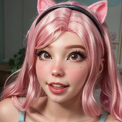 <DI_belle_delphine_v1:1> belle delpine, pink air, ((photorealistic)) , plastic wig , ((mid-shot))  <lora:more_details:0.6><lora:DI_belle_delphine_v1:1.0>