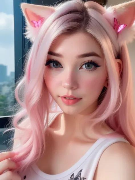 1girl, solo, masterpiece, a beautiful woman, 20-year-old woman, intricate details, realistic, blurry background, focus,
lighting, cinematic,
closeup, detailed eyes,
shiny hair, shiny, shiny skin, shiny clothes,
pink hair, cat ears, pink eyes,
shorts, t-shirt, low-cut,
tattoos, freckles, butterflies, roses
<lora:DI_belle_delphine_sdxl_v1:1> Belle Delphine