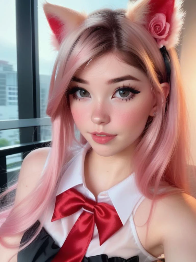 1girl, solo, masterpiece, a beautiful woman, 20-year-old woman, intricate details, realistic, blurry background, focus,
lighting, cinematic,
closeup, detailed eyes,
shiny hair, shiny, shiny skin, shiny clothes,
pink hair, cat ears, pink eyes,
black skirt, white shirt, red tie,
tattoos, freckles, butterflies, roses
<lora:DI_belle_delphine_sdxl_v1:1> Belle Delphine