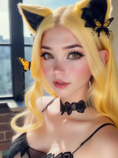 Blonde hair，Asymmetrical hairstyle，lustrous Some hair，watered eyes，Yellow-green gradient pupil color，Pink lipstick，Seductive expressions，Lightning umbrella，black reotard，Bow headdress，Lie down in bed，inside in room，Soft light，Cinematic lighting，Best quality magazine covers