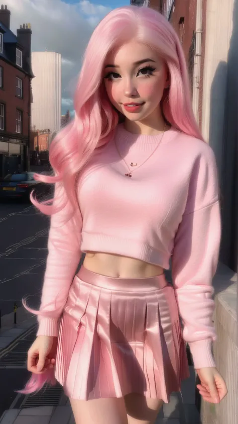 <lora:DI_belle_delphine_sdxl_v1:1>,Belle Delphine,a photo of a woman in a pink sweater walking down a city street with pink hair,cityscape,pink pleated skirt,day,perfect lighting,