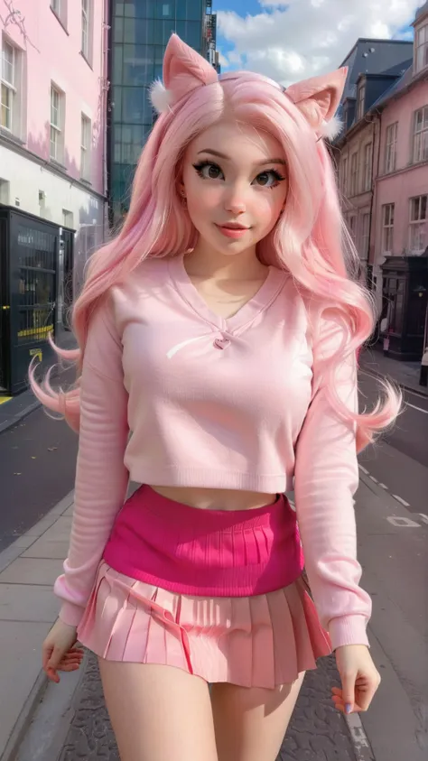 <lora:DI_belle_delphine_sdxl_v1:1>,Belle Delphine,a photo of a woman in a pink sweater walking down a city street with pink hair,cityscape,pink pleated skirt,day,perfect lighting,cat ears,skin tight,