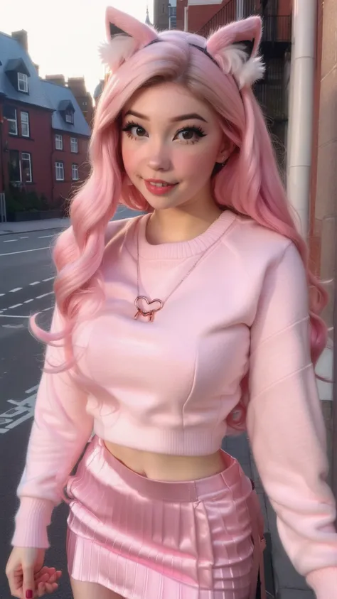 <lora:DI_belle_delphine_sdxl_v1:1>,Belle Delphine,a photo of a woman in a pink sweater walking down a city street with pink hair,cityscape,pink pleated skirt,day,perfect lighting,cat ears, skin tight,