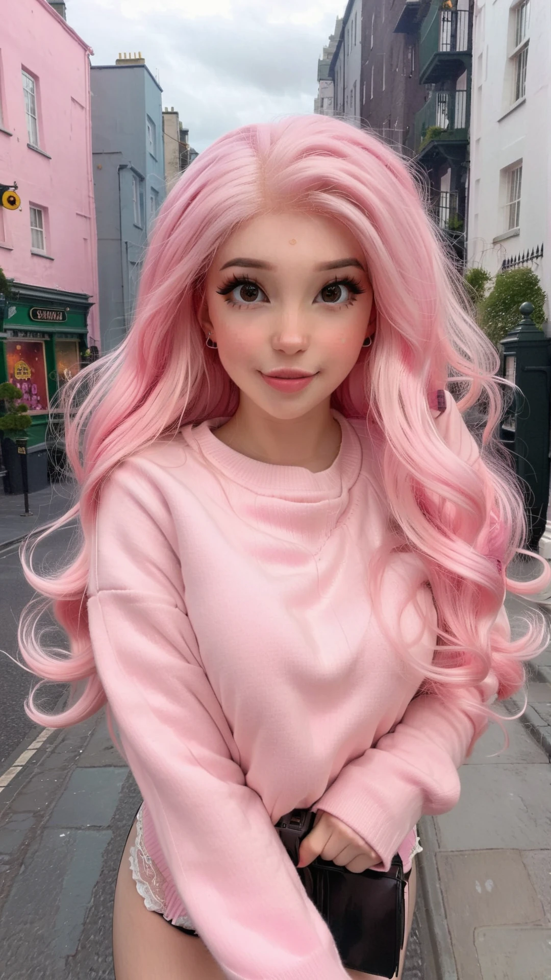 <lora:DI_belle_delphine_sdxl_v1:1>,Belle Delphine, a photo of a woman in a pink sweater walking down a city street with pink hair, cityscape,
