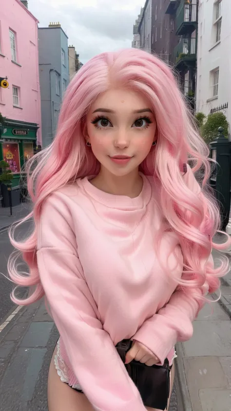 <lora:DI_belle_delphine_sdxl_v1:1>,Belle Delphine, a photo of a woman in a pink sweater walking down a city street with pink hair, cityscape,