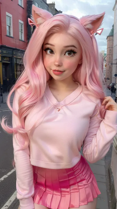 <lora:DI_belle_delphine_sdxl_v1:1>,Belle Delphine,a photo of a woman in a pink sweater walking down a city street with pink hair,cityscape,pink pleated skirt,day,perfect lighting,cat ears,skin tight,