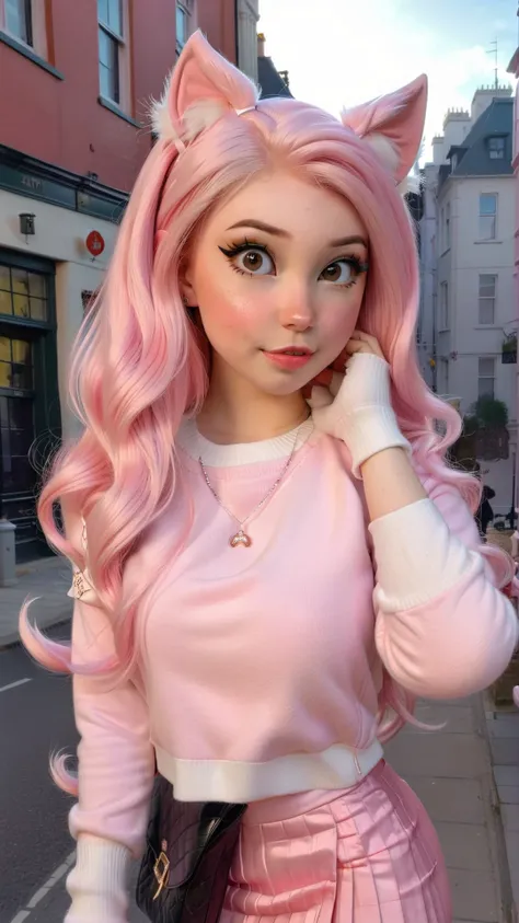 <lora:DI_belle_delphine_sdxl_v1:1>,Belle Delphine,a photo of a woman in a pink sweater walking down a city street with pink hair,cityscape,pink pleated skirt,day,perfect lighting,cat ears,skin tight,