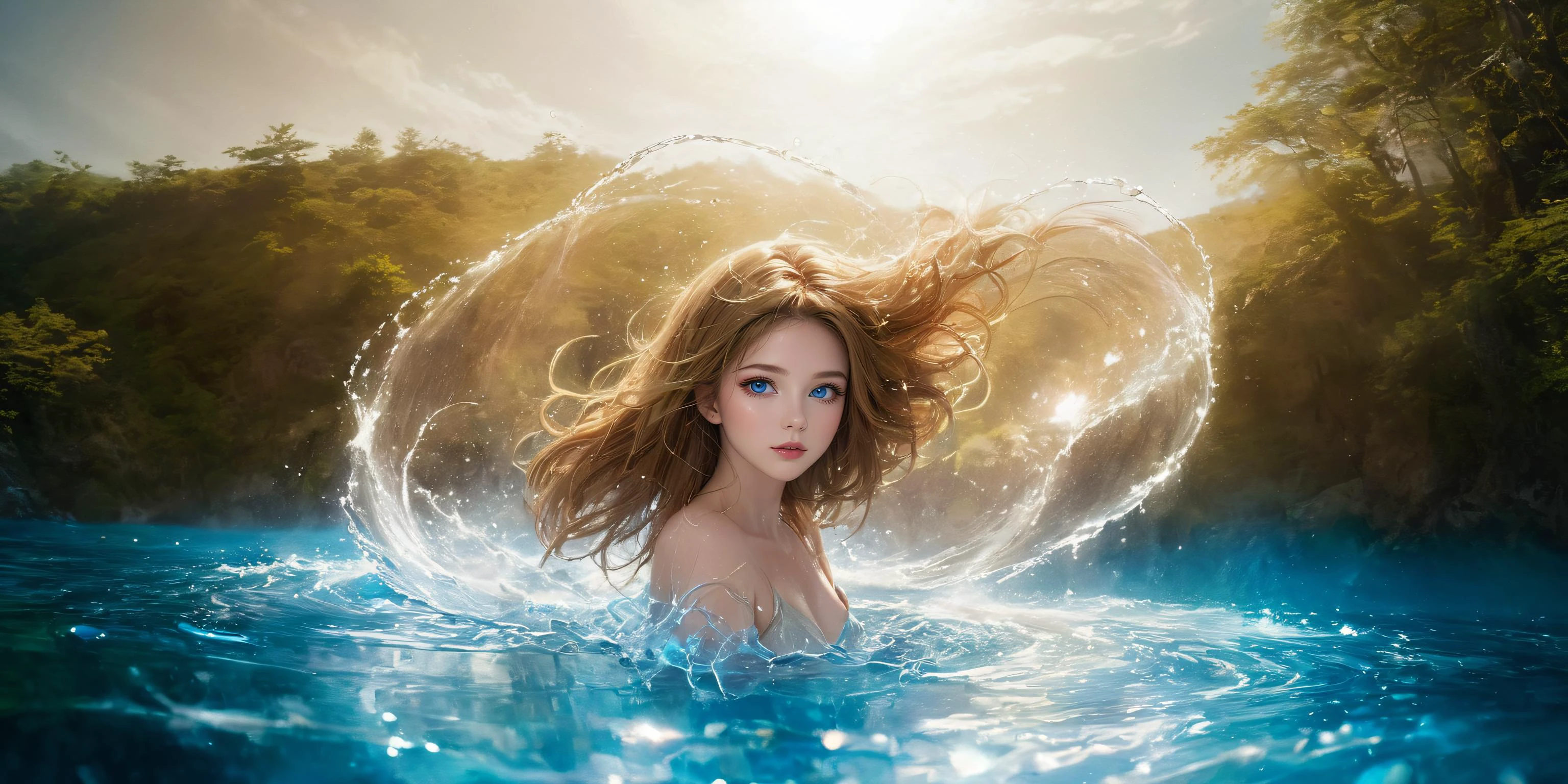 masterpiece, best quality, (photorealistic:1.2), photography, ultra detailed, realistic,
women is surrounded by a water ring, hot springs cover shoulders, upper body,
<lora:xl0918ice-water:1>, (water flow, water ring:2, water splashes:1.4),
very long eyelashes, detailed eyes, beautiful eyes, upturned eyes, glowing eyes, blue eyes,
(wet hair, wet body, wet face, wet skin:1.3),
(((hair tossing, blond hair, long hair, floating hair, hair flowing over, shake head))),
perfect-figure, white skin, glowing skin, sweat, dewy skin, upper body,
outdoors, river, forest, hot spring, cave, waterfall in background, ,
(protruding upper circumference:2), large breasts, <lora:DB_Android_18_V1:1>, DB_Android_18, transparent shell_bikini,