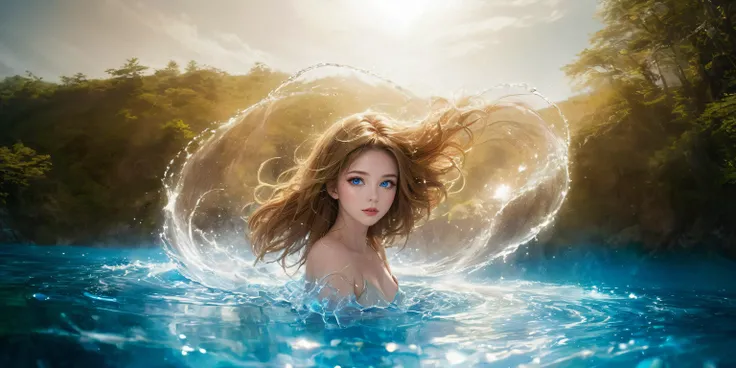 masterpiece, best quality, (photorealistic:1.2), photography, ultra detailed, realistic, 
women is surrounded by a water ring, hot springs cover shoulders, upper body, 
<lora:xl0918ice-water:1>, (water flow, water ring:2, water splashes:1.4),
very long eyelashes, detailed eyes, beautiful eyes, upturned eyes, glowing eyes, blue eyes, 
(wet hair, wet body, wet face, wet skin:1.3), 
(((hair tossing, blond hair, long hair, floating hair, hair flowing over, shake head))),
perfect-figure, white skin, glowing skin, sweat, dewy skin, upper body, 
outdoors, river, forest, hot spring, cave, waterfall in background, ,
(protruding upper circumference:2), large breasts, <lora:DB_Android_18_V1:1>, DB_Android_18, transparent shell_bikini,