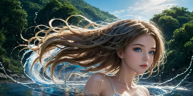 masterpiece, best quality, (photorealistic:1.2), photography, ultra detailed, realistic, 
women is surrounded by a water ring, hot springs cover shoulders, upper body, 
<lora:xl0918ice-water:1>, (water flow, water ring:2, water splashes:1.4),
very long eyelashes, detailed eyes, beautiful eyes, upturned eyes, glowing eyes, blue eyes, 
(wet hair, wet body, wet face, wet skin:1.3), 
(((hair tossing, blond hair, long hair, floating hair, hair flowing over, shake head))),
perfect-figure, white skin, glowing skin, sweat, dewy skin, upper body, 
outdoors, river, forest, hot spring, cave, waterfall in background, ,
(protruding upper circumference:2), large breasts, <lora:DB_Android_18_V1:1>, DB_Android_18, transparent shell_bikini,