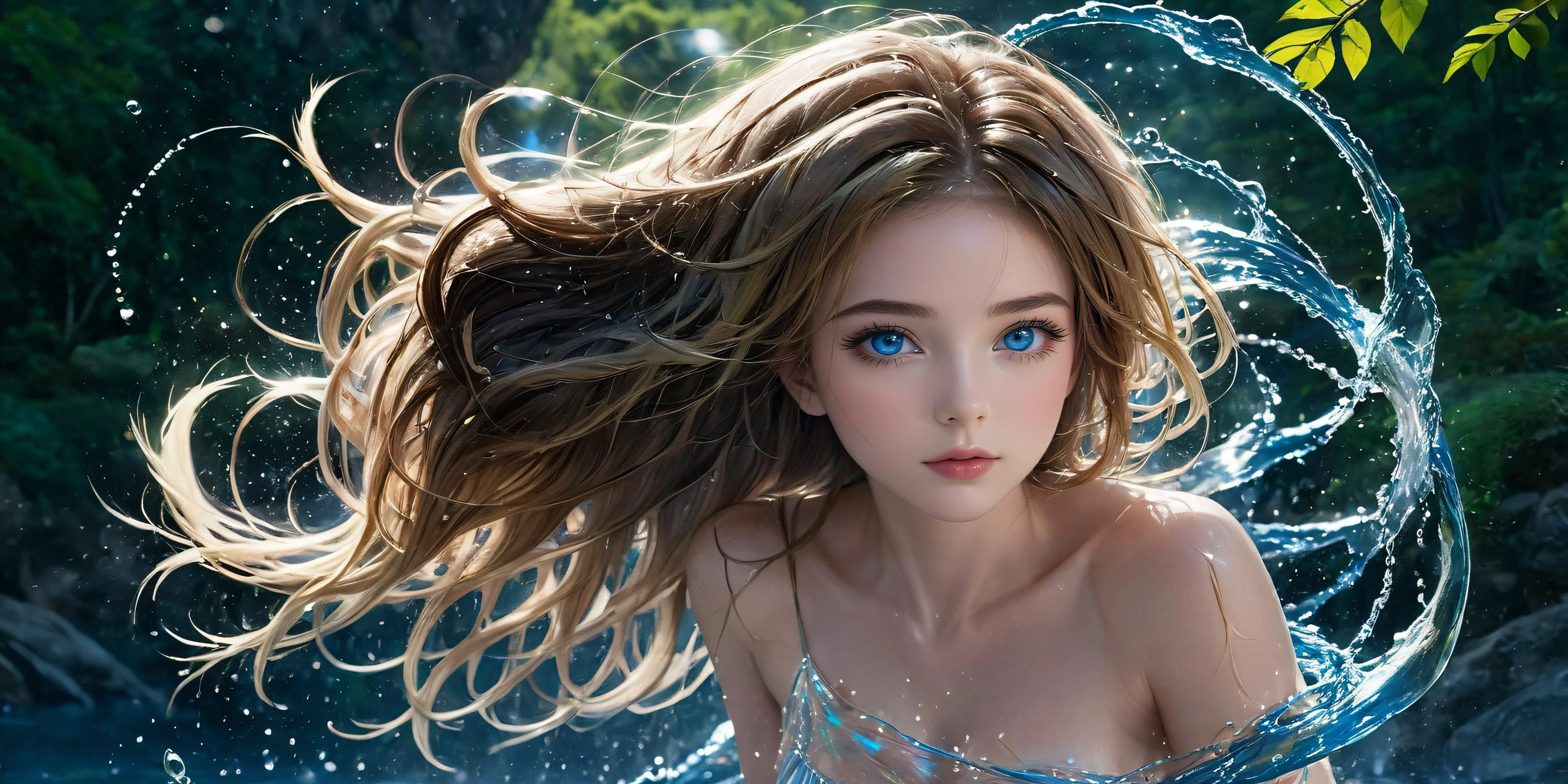 masterpiece, best quality, (photorealistic:1.2), photography, ultra detailed, realistic,
women is surrounded by a water ring, hot springs cover shoulders, upper body,
<lora:xl0918ice-water:1>, (water flow, water ring:2, water splashes:1.4),
very long eyelashes, detailed eyes, beautiful eyes, upturned eyes, glowing eyes, blue eyes,
(wet hair, wet body, wet face, wet skin:1.3),
(((hair tossing, blond hair, long hair, floating hair, hair flowing over, shake head))),
perfect-figure, white skin, glowing skin, sweat, dewy skin, upper body,
outdoors, river, forest, hot spring, cave, waterfall in background, ,
(protruding upper circumference:2), large breasts, <lora:DB_Android_18_V1:1>, DB_Android_18, transparent shell_bikini,