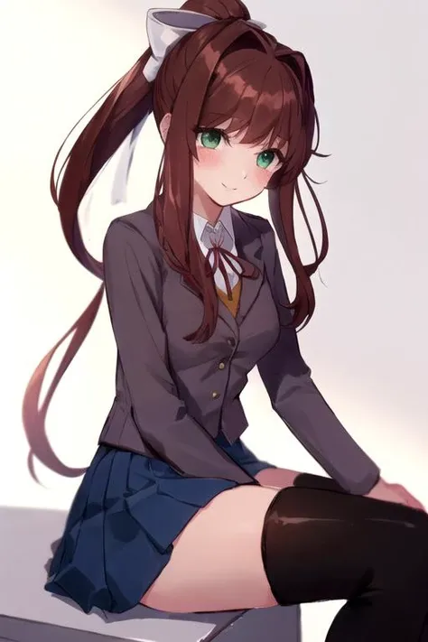 <lora:MonikaV1:0.6>, Monika, bangs, smile, long hair, neck ribbon, looking at viewer, ponytail, shirt, school uniform, hair bow, white bow, pleated skirt, mini skirt, brown hair, grey jacket, (black thigh high socks:1.2), sidelocks, solo, blush, blue skirt, skirt, 1girl, green eyes, medium breasts, average waist,
best quality, masterpiece, 1girl, <lora:add_detail:0.2>, beautiful body, smooth skin, soft skin, sitting, playful pose,
basic background, simple background, (soft lighting, soft shadows)