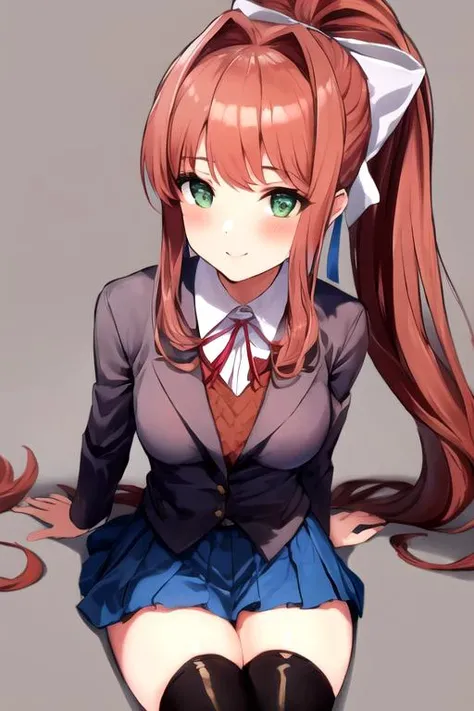 <lora:MonikaV1:0.6>, Monika, bangs, smile, long hair, neck ribbon, looking at viewer, ponytail, shirt, school uniform, hair bow, white bow, pleated skirt, mini skirt, brown hair, grey jacket, (black thigh high socks:1.2), sidelocks, solo, blush, blue skirt, skirt, 1girl, green eyes, medium breasts, average waist,
best quality, masterpiece, 1girl, <lora:add_detail:0.5>, beautiful body, smooth skin, soft skin, sitting, playful pose,
basic background, simple background, (soft lighting, soft shadows)