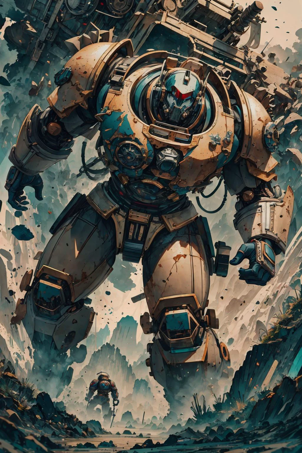 mesmerizing and visually stunning artwork, created by a renowned artist, showcasing intricate details and vibrant colors, official art, quality, High resolution rendering in 4K, flash, diffusion,
<lora:GoodHands-beta2:0.8>,
(1man, muscular adult irish male:1.2), amber eyes, dark brown hair, fade with goatee,
solo, from front, front view, half shot, looking up, detailed background, detailed face, (<lora:FragRealityTech:0.6>, fragrealitytech theme:1.1), warhammer 40k space marine, face, adeptus astartes, wearing yellow bulky power-armor, large shoulder-plates, battle-worn equipment, melter weapon, hydraulics, immortal, determined expression, charging into battle, devastator marine, exterminatus in background, grim-dark atmosphere,