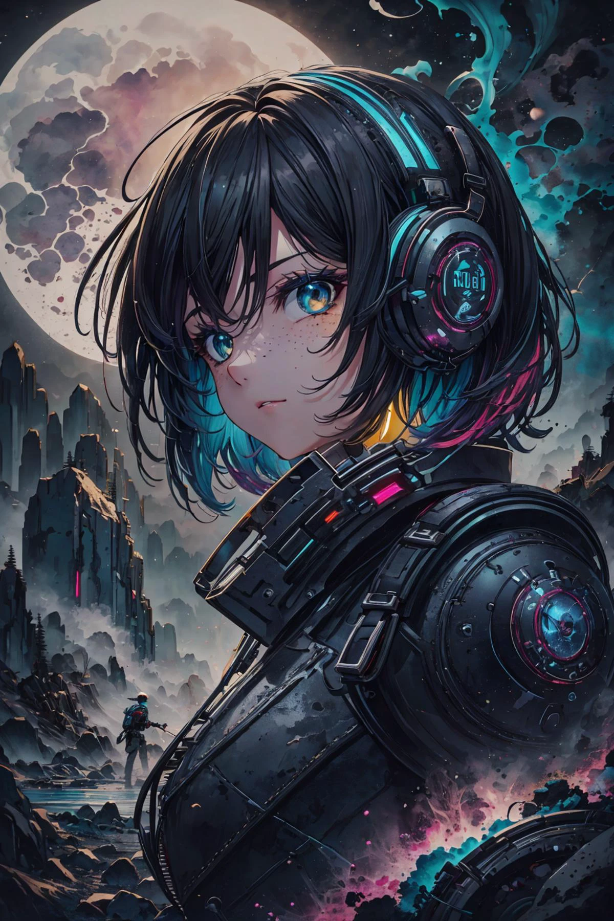 mesmerizing and visually stunning artwork, created by a renowned artist, showcasing intricate details and vibrant colors, official art, quality, High resolution rendering in 4K, flash, diffusion,
<lora:GoodHands-beta2:0.8>,
1 girl, adult czech woman, freckles, teal eyes, yellow wedge cut hair,
portrait, looking at viewer, solo, (full body:0.6), detailed background, detailed face, (<lora:UltraBlackholeTech:0.6>, warp, scifi, excessive energy, ulblackholetech theme:1.1), , gangster, (tattoos:0.9), rugged dark leather clothes, knives, sewers background, sneaky, in background moonlight, dark atmosphere,