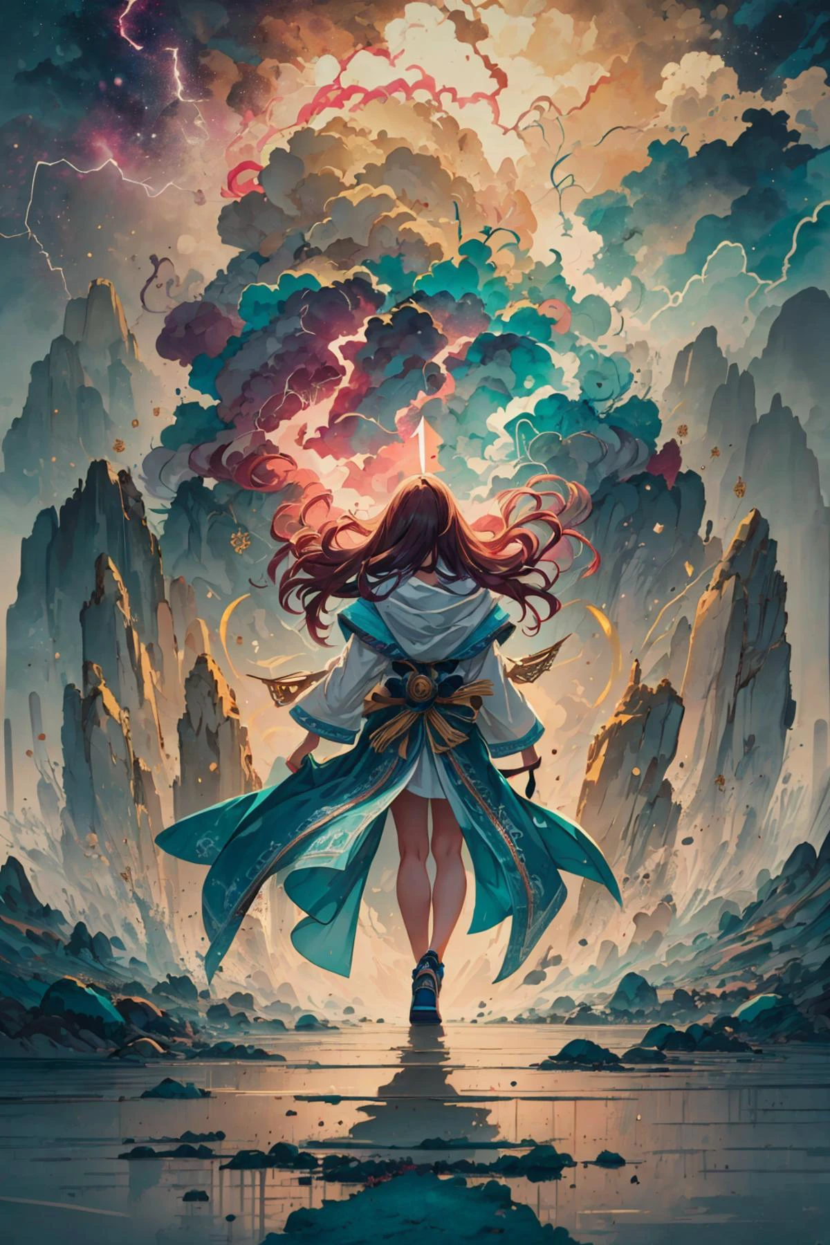 mesmerizing and visually stunning artwork, created by a renowned artist, showcasing intricate details and vibrant colors, official art, quality, High resolution rendering in 4K, flash, diffusion,
<lora:GoodHands-beta2:0.8>,
1 girl, adult (elven:0.7) woman, pink eyes, gray beach waves hair, ombre,
Style-GravityMagic, solo, from front, front view, half shot, looking down, detailed background, detailed face, (<lora:ElementalMagicAIv2:0.6>, LightningMagicAI theme:1.1), rune-priest, magic runes, runic pattern, runes etched into skin, flowing robes, intense expression, floating particles, tribal runes, rune symbols in background, backlighting, shadows, magic lighting, epic atmosphere, action scene,