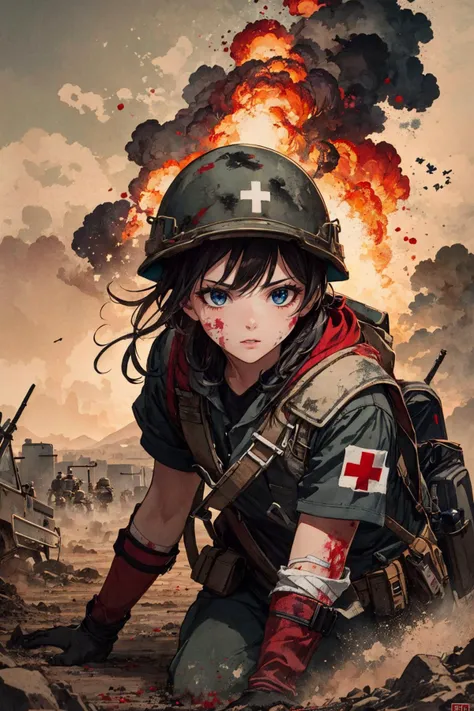 mesmerizing and visually stunning artwork, created by a renowned artist, showcasing intricate details and vibrant colors, official art, quality, High resolution rendering in 4K, flash, diffusion, <lora:GoodHands-beta2:0.8>, 1girl, asian woman, bangs, solo, (full body:0.6), looking at viewer, detailed background, detailed face, (madmax theme:1.1), battlefield-medic, calm, red tattered military medic uniform, army helmet, gloves, straps, red cross, medical supplies, blood soaked bandages, dirt, war torn battlefield with explosions in background, danger, flares, cinematic atmosphere