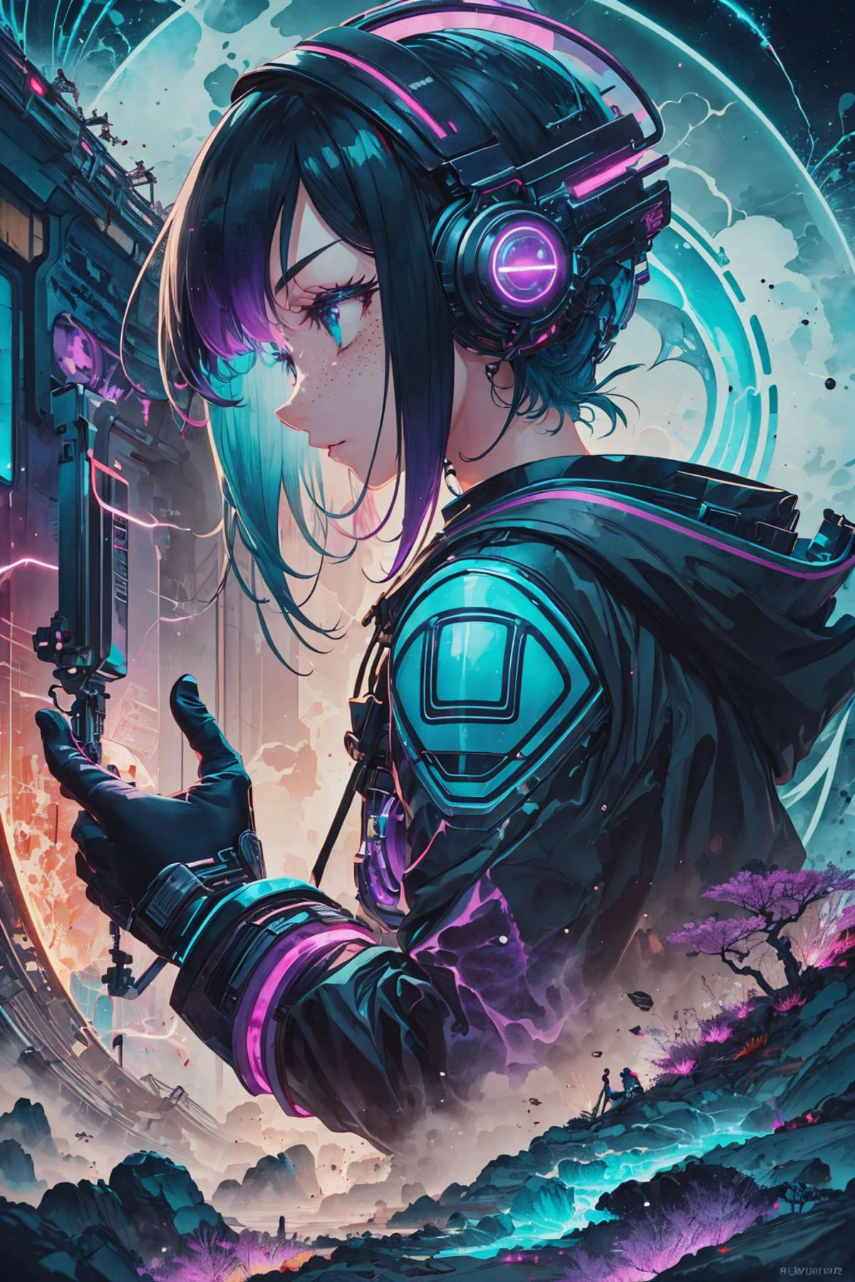 mesmerizing and visually stunning artwork, created by a renowned artist, showcasing intricate details and vibrant colors, official art, quality, High resolution rendering in 4K, flash, diffusion,
<lora:GoodHands-beta2:0.8>,
1 girl, adult hungarian woman, freckles, turquoise eyes, black fringe hair, ombre,
solo, from side, side view, upper body, looking away, detailed background, detailed face, (<lora:PlasmaTech:0.6>, glass, plasma filaments, purple hues, scifi, plasmatech theme:1.1), spy, concealed, subterfuge, espionage, surveillance, heist, gadgets, dark blue spy clothes, hood, secret facility in background, night cinematic atmosphere,
