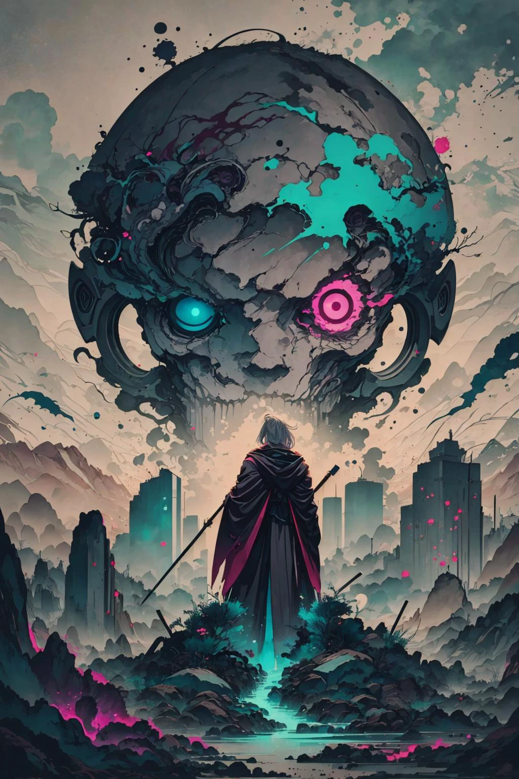 mesmerizing and visually stunning artwork, created by a renowned artist, showcasing intricate details and vibrant colors, official art, quality, High resolution rendering in 4K, flash, diffusion,
<lora:GoodHands-beta2:0.8>,
(1man, old polish male:1.2), turquoise eyes, silver hair, side-swept fringe,
solo, from front, front view, (full body:0.6), looking at viewer, detailed background, detailed face, (<lora:WorldofShadows:0.4>, purple and black, worldofshadows theme:1.1),sad, ethereal glowing eyes, soul reaper, cloaked, white clothes, dynamic pose, decay, , floating particles, old monument in background, aura of unavoidable end, , chilling wind, fateful moonlit night, eerie dark mysterious atmosphere, whispers of the past,
