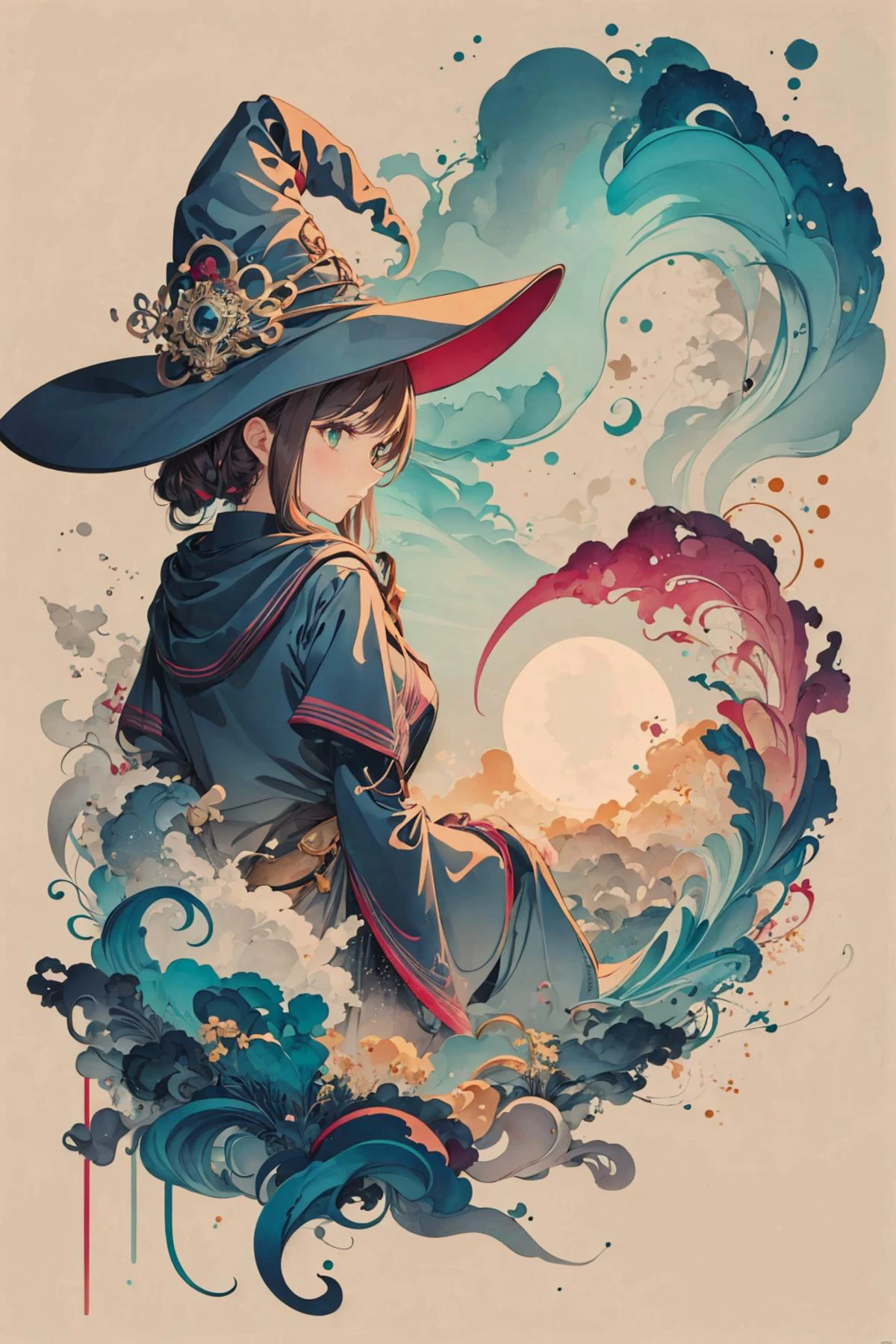 mesmerizing and visually stunning artwork, created by a renowned artist, showcasing intricate details and vibrant colors, official art, quality, High resolution rendering in 4K, flash, diffusion,
<lora:GoodHands-beta2:0.8>,
1 girl, adult irish woman, jade eyes, dark brown prom hairstyle,
portrait, looking down, solo, from back, back view, half shot, detailed background, (<lora:smoke_model:0.4>, smokestyle theme:1.1), witch hat, witch, hair flowing in the wind, red trimmed dark colored clothes, moonlit clearing background, glowing elemental spell in the air, swirling portal, fog, mysterious atmosphere,